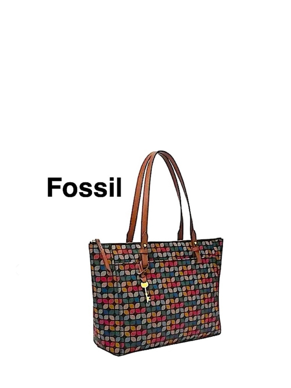Fossil Rachel Geometric printed PVC Zip VeganTote Multicolor & Key Charm⭐️